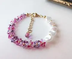 ピンク パープル 編みビーズ ブレスレット パール ゴールド ハンドメイド
