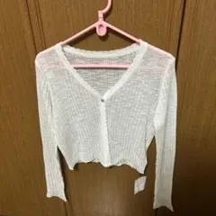 リブ編みホワイトクロップドカーディガン