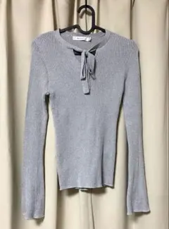 moussy マウジー　フレアスリーブ　リブニット　グレー　ラメ