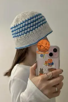 ハンドメイド　バケットハット 【グレー・ブルー】