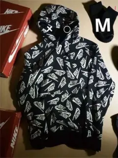 廃盤　ナイキ スウォッシュロゴ総柄 パーカー 裏起毛　プルオーバー刺繍ロゴ M