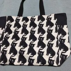 黒猫デザイン キャンバストートバッグ 両サイドポケットバッグ