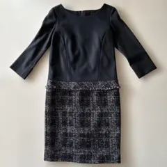 新品　UNTITLED 七分袖ひざ丈ワンピース 黒　ツィード切り替え　セレモニー