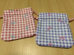 ハンドメイド♡チェック柄リボン巾着袋2個セット♡ミニ巾着袋542