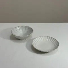 【新品】白峰園 2点セット デザート皿 小鉢 陶器 手造り 赤津焼 オフホワイト
