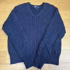 【良品】ポロバイラルフローレン ケーブルニット Vネック ポニー刺繍 コットン