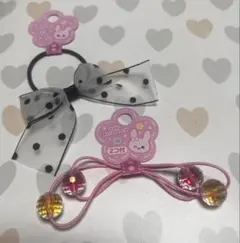 ドット柄リボンとビーズ付きヘアゴム2個セット