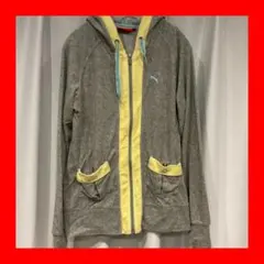 PUMA タオル生地フード付きジップパーカー グレー×イエロー
