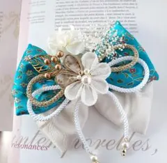 ターコイズブルーの髪飾り　つまみ細工と和リボン　成人式　卒業式髪飾り