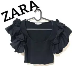 ZARAザラ フリル付き ブラック クロップドトップス 半袖