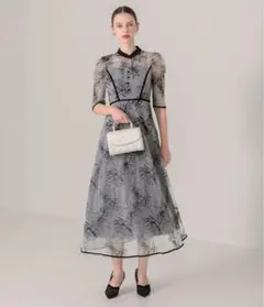 【LEJA】配色パイピングプチハイネック花柄刺繍ラメレースロング丈ドレスワンピ