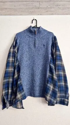 青系 ジップアップ ニットセーター チェック袖