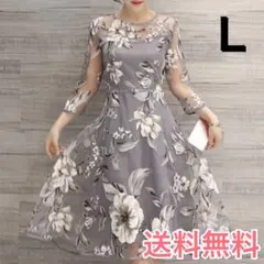 ワンピース 花柄 グレー　L　ドレス　結婚式　二次会　フォーマル お呼ばれ