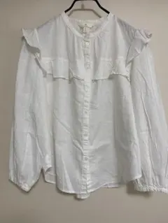 H&M リネンブレンド フリルシャツ L ホワイト