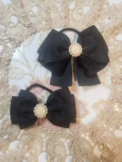 SALE!!　リボンヘアゴム２個セット　ブラックレース　入学入園卒園　フォーマル