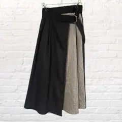 11447レイカズン ミックス巻きスカート チェック異素材黒 ウエストゴム 古着