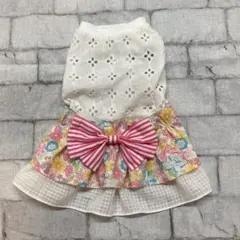 レースニット フラワーボーダーリボン柄ワンピース SSサイズ