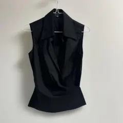 シャンハイタン ブラウス 絹麻 黒 チャイナカラー ノースリーブ 春夏 S 