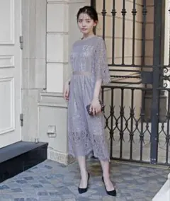 GIRLパネル総柄レース五分袖Ｉラインミモレ丈パーティドレス S ブルーグレー