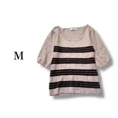 5分袖ニット セーター 【M】 ボーダー タイト シンプル 薄手