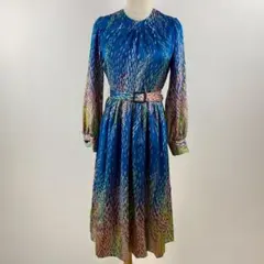 美品 ヴィンテージ ロングワンピース サテン 総柄 ベルト付き 昭和レトロ鮮やか