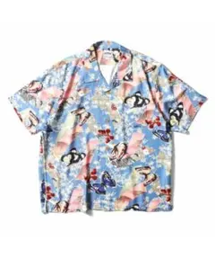 【美品】HOUSTON 蝶柄 レーヨン アロハシャツ XXL 2XL 開襟 総柄のサムネイル