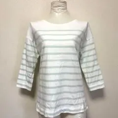 イネド INED ボーダーカットソー 七分袖 白×ミントグリーン 9号 スリット