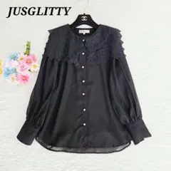 p*o様 美品 JUSGLITTY ブラウス レース衿 シアー 長袖 パールボタ