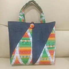 手作り・大島紬と正絹幾何学模様反物リメイクトートバッグ（新品生地使用）