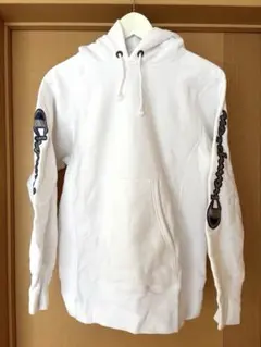 Champion リバースウェーブ　ホワイトパーカー　スウェット　袖ロゴ　裏起毛