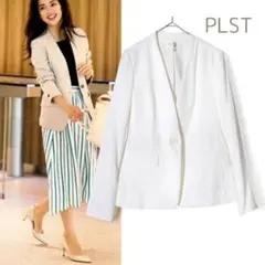 プラステ／洗練オールホワイト ストレッチノーカラージャケット 白 Vネック