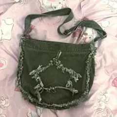 Y2k グランジ フリンジ付き 星型 カーキ (グリーン)ショルダーバッグ
