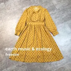 [美品] ボウタイ レトロ柄 ワンピース 長袖 リボン フリーサイズ マスタード