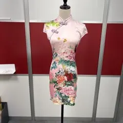 チャイナドレス ピンク 花柄 半袖 膝丈