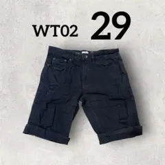 WT02【29】ブラック ダメージ加工 スキニーデニムショートパンツ
