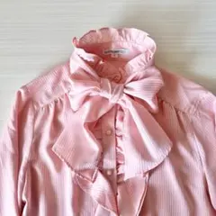 ナラカミーチェ フリル ピンク ストライプ 長袖 ボウタイ ブラウス リボン