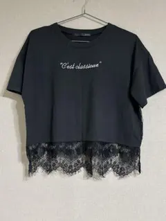 Heather ヘザー ブラック Tシャツ 切り替え レース 半袖 カットソー