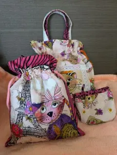 猫ちゃん巾着トートバッグ 巾着袋 バネ口ポーチ