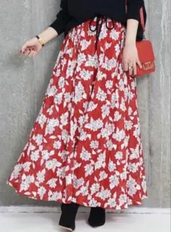 OBLI オブリ 花柄フレアロングスカート 赤