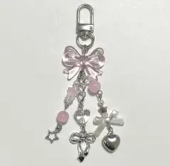 ビーズキーホルダー チャーム リボン ハート ピンク 韓国