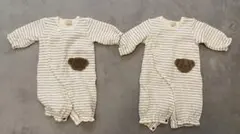 petit main ストライプロンパース（クマ刺繍）2点セット