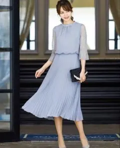 結婚式　お呼ばれ　プリーツドレス レース袖