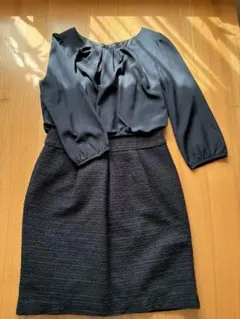 ネイビー　フォーマルワンピース 七分袖 膝丈 パーティー 卒業式 入学式