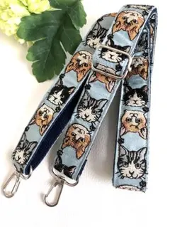 ネコちゃん柄インド刺繍リボンショルダーストラップ　ブルー