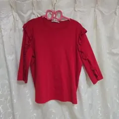 ZARA レッド フリル 七分袖 カットソー