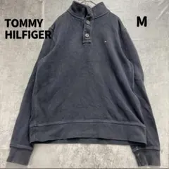 トミーヒルフィガー スウェットシャツ 黒 刺繍ロゴ ハーフボタン【7026】