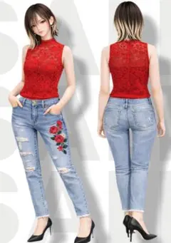 ライトブルー ダメージデニム 薔薇刺繍入り 27インチ 個性派 カジュアル