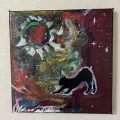絵画 原画『キミと見たキレイ』キャンバス(F4号) 猫 黒猫 花火 一点