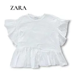 【良品】ZARA/フリルリムコントラストシャツ/白/L /大人/アシンメトリー