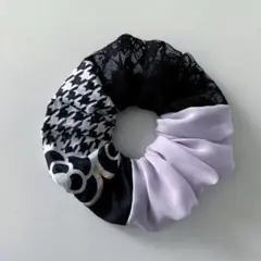 ハンドメイド　New！黒千鳥格子×黒レース×ラベンダーシフォン⭐︎ シュシュ他